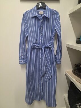Universal Thread Blue and White Striped Long Sleeve Shirt Dress with Tie Waist